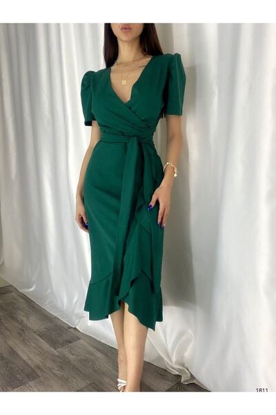 merlavin Ženska zelena haljina sa pojasom, Krep tkanina Midi visina