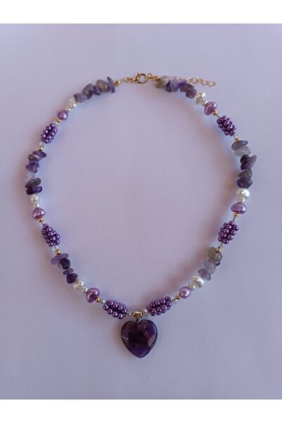 Fata Morgana Accessory Mor Ametist Kalp Uçlu Doğaltaşlı Üzüm Kolye