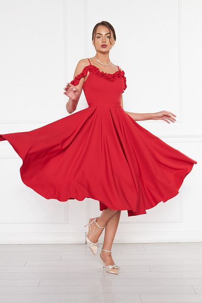 Bidoluelbise Women's Adjustable Strap Collar Ruffle Detail Woven Fabric Pleated Flared Midi Length Evening Dress