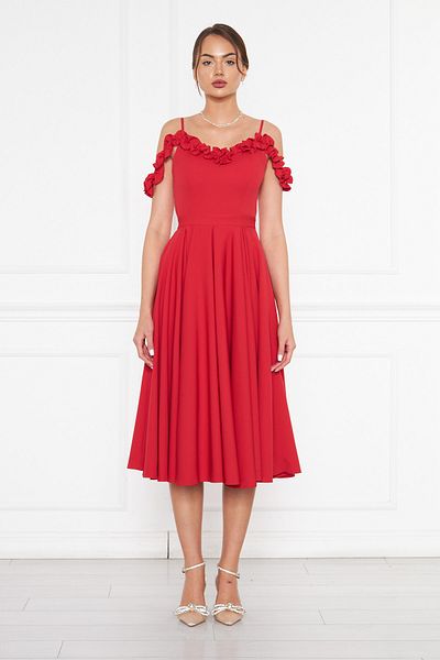 Bidoluelbise Women's Adjustable Strap Collar Ruffle Detail Woven Fabric Pleated Flared Midi Length Evening Dress