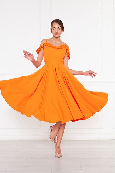 Bidoluelbise Women's Adjustable Strap Collar Ruffle Detail Woven Fabric Pleated Flared Midi Length Evening Dress