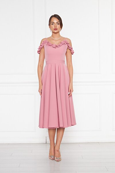 Bidoluelbise Kadın Ayarlanabilir Askılı Yaka Fırfır Detay Dokuma Kumaş Pileli Kloş Midi Boy Abiye Elbise