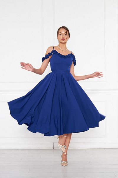 Bidoluelbise Women's Adjustable Strap Collar Ruffle Detail Woven Fabric Pleated Flared Midi Length Evening Dress