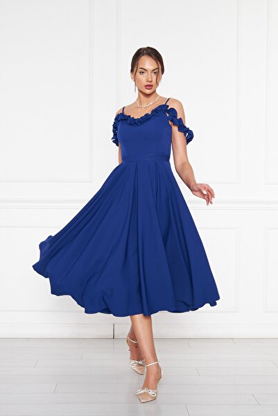 Bidoluelbise Kadın Ayarlanabilir Askılı Yaka Fırfır Detay Dokuma Kumaş Pileli Kloş Midi Boy Abiye Elbise