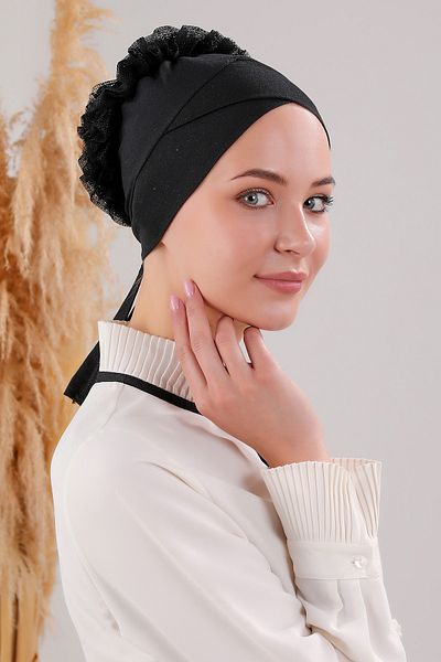 Melodi Scarf Hijab Frilly Cross Bonnet Black