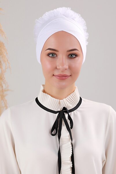 Melodi Scarf Tesettür Fırfırlı Çapraz Bone Beyaz