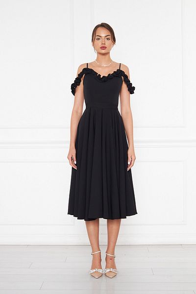 Bidoluelbise Women's Adjustable Strap Collar Ruffle Detail Woven Fabric Pleated Flared Midi Length Evening Dress