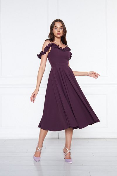 Bidoluelbise Women's Adjustable Strap Collar Ruffle Detail Woven Fabric Pleated Flared Midi Length Evening Dress