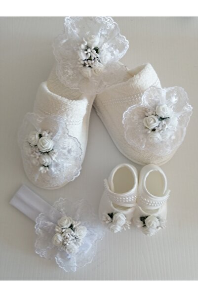 CAN BUTİK Anne Bebek Patikli Lohusa Terlik Takım Beyaz Inci