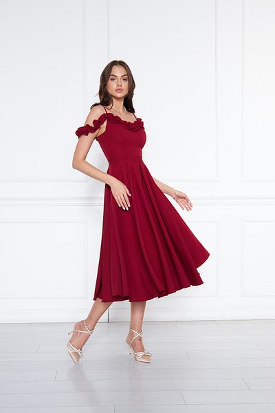 Bidoluelbise Women's Adjustable Strap Collar Ruffle Detail Woven Fabric Pleated Flared Midi Length Evening Dress