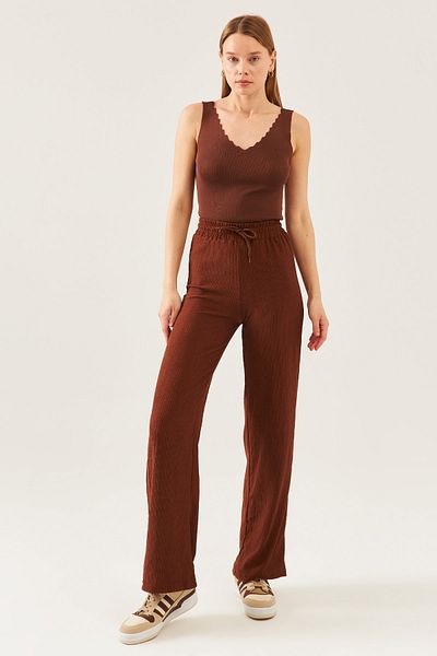 schlank Women's Brown High Waist Wide Leg Seersucker Pants