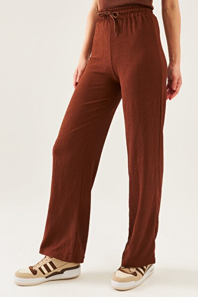 schlank Women's Brown High Waist Wide Leg Seersucker Pants