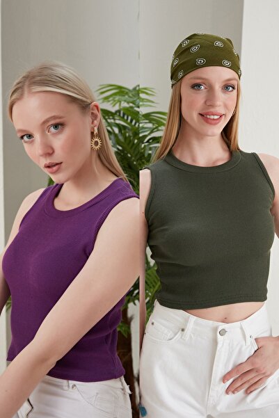 CATSPY Bluză de damă, mov, kaki, cu decolteu, 2 piese