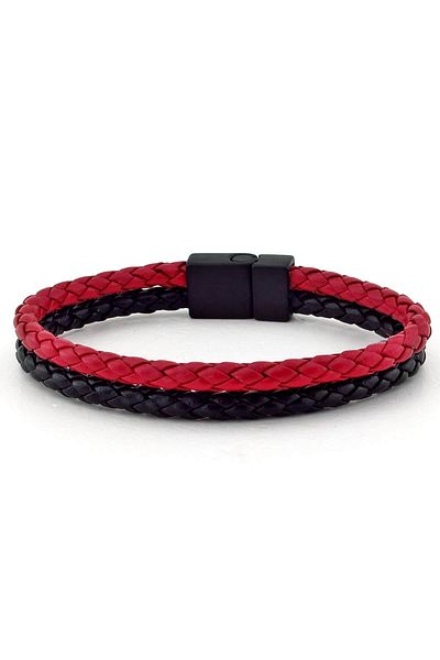Solfera Men's Red Black Leather Double Sira Black Clip Bracelet BT530