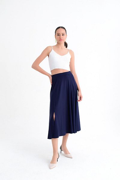 Hanna's by Hanna Darsa Women's Navy Blue Long Elastic Waist Slit Detailed Knitted Skirt Hn1695