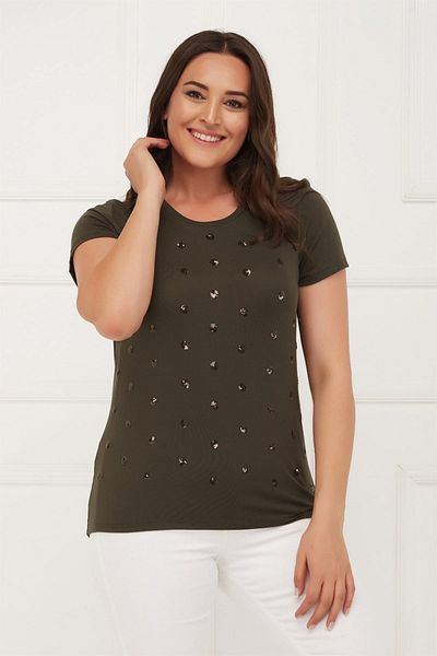 Seamoda Women's Front Sequin Embroidered Basic T-shirt PRA-256453-528020