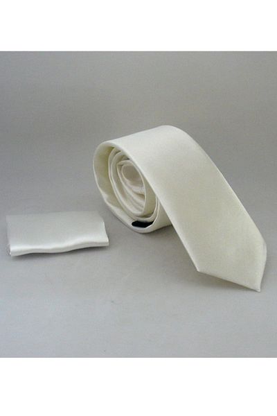 Gaffy Κρεμ Slim Fit Λεπτό μονόχρωμο σατέν γραβάτα με μαντήλι // Ss-33