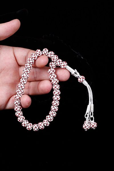 TESBİHCİBABA Red and White Hand Knitted Kazaz Rosary Tb1548