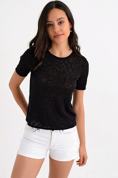 Hanna's by Hanna Darsa Women's Black Crew Neck Self Patterned Basic Short Sleeve T-shirt Hn1710