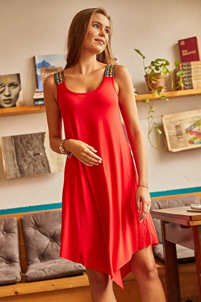 Olalook Női piros etnikai pántos aszimmetrikus ruha ELB-19000612