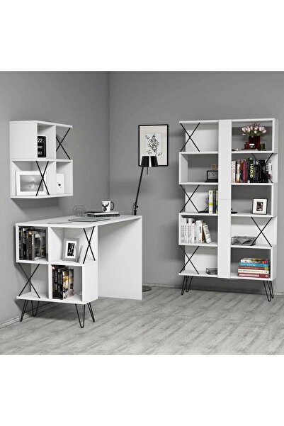 Variant Mobilya Extra 3'lü Masa Ve Kitaplık Takımı - Beyaz