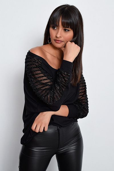 Cool & Sexy Damska szczegółowa bluzka z czarnymi rękawami BK3027