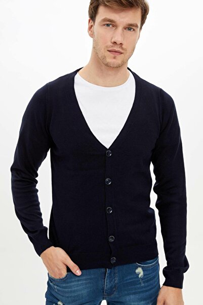 DeFacto Ανδρική ζακέτα σε σκούρο μπλε με λαιμόκοψη V και στενή εφαρμογή L2815...