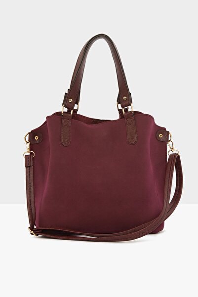 Bagmori Claret Red Women's Three-Compartment Nubuck Bag with Snap Fastener Detail M000003554