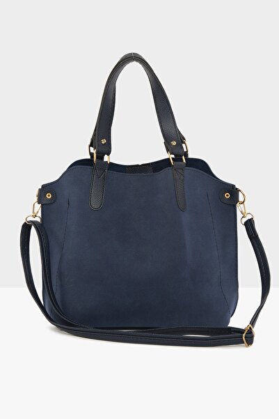 Bagmori Navy Blue Women's Three-Compartment Nubuck Bag with Snap Detail M000003554
