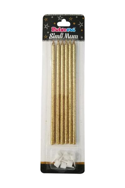 BalonEvi Gold (Altın) Renk Simli Uzun Parti Mum Seti 6 Adet