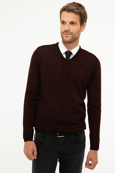 Pierre Cardin Men's Claret Red Slim Fit Basic Knitwear Sweater