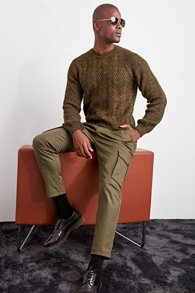 Trendyol Collection Khaki Slim Fit Sweter z okrągłym dekoltem - Tmnaw20Mg0029