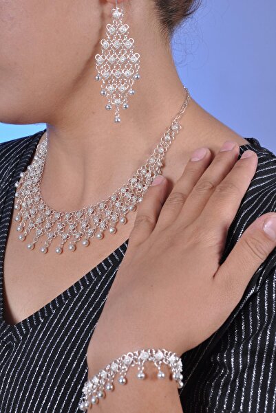 Midyat Nurtaş Gümüş Kadın Üç Sıralı Kişniş Model Telkari Gümüş Üçlü Set MNG20...