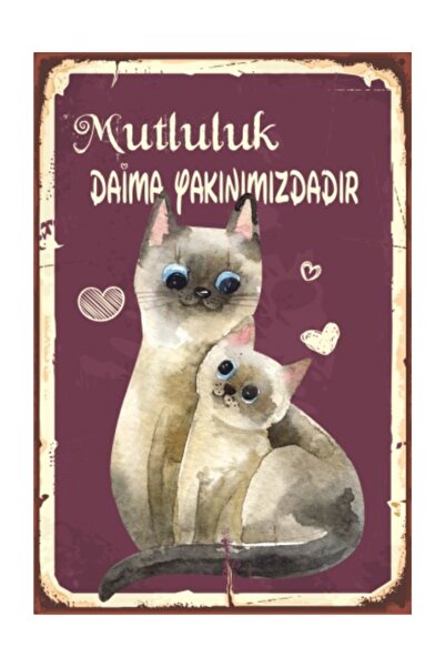 Hayat Poster Mutluluk Kedi Daima Yanı Başınızda Retro Vintage Ahşap Poster