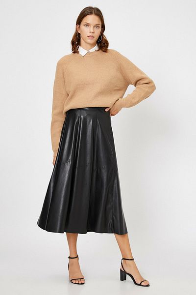 Koton Women's Black Leather Look Skirt 0KAK72399UW