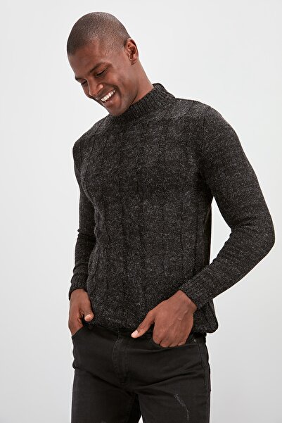 Trendyol Collection Fél garbó - fekete kötöttáru pulóver hajfonat részletekkel TMNAW20MG0003