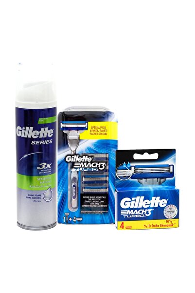 Gillette Turbo Tıraş Makinesi +9 Başlık+250 ml Sensitive Köpük