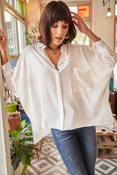 Olalook Kadın Beyaz Cepli Salaş Gömlek GML-19000420