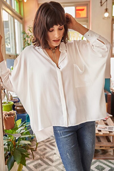 Olalook Kadın Beyaz Cepli Salaş Gömlek GML-19000420