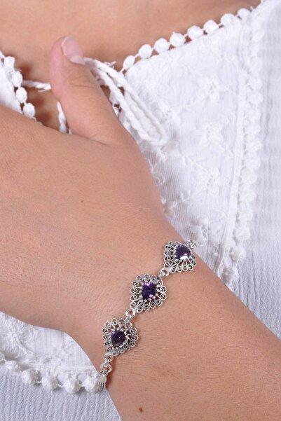 Midyat Nurtaş Gümüş Ametist Taşlı Damla Model Telkari Gümüş Bileklik 201019955