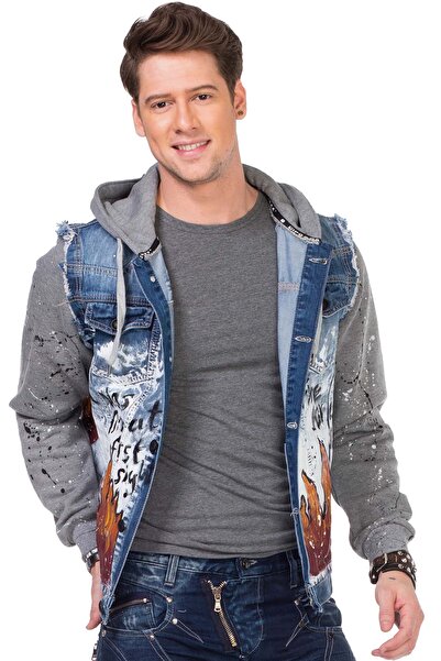 Cipo&Baxx CJ209 Boyamalı Alev Baskılı Erkek Mavi Denim Ceket
