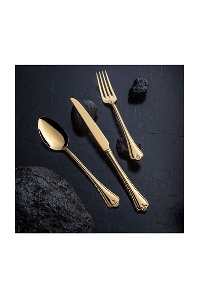 Nehir Fulya 24 Carat Full Plain Gold Plated 89 Piece Wooden Boxed Cutlery Set