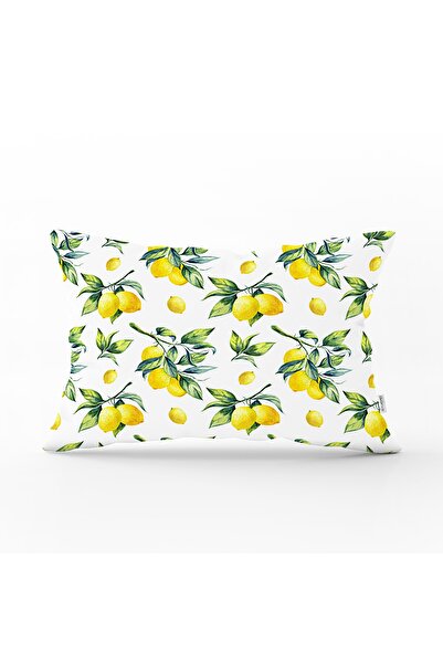 Realhomes Beyaz Zeminde Limon Desenli 3D Dekoratif Dikdörtgen Yastık Kırlent ...