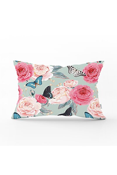 Realhomes Pembe Lekeli Kelebekler Çizimli Dekoratif Dikdörtgen Yastık Kırlent...