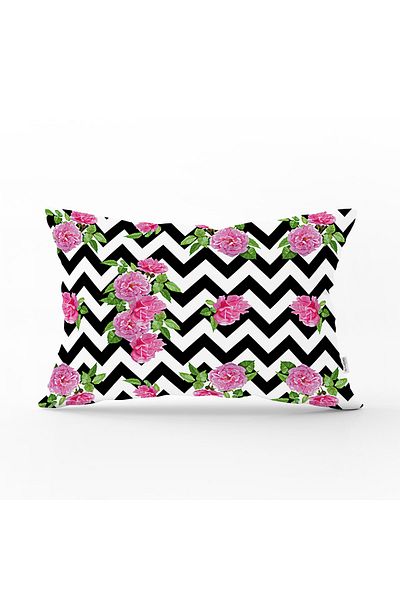 Realhomes Zigzag Zebra Themed Modern Rectangular Pillow Case with Rose Motif