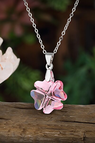 Forentina Pembe Kristal Taşlı Yonca Kolye PS1056
