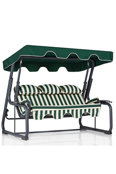Erinöz Vitis 3 Kişilik Bahçe Balkon Teras Salıncağı - Minder: Yeşil / Krem Te...