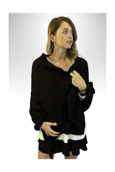 Ocean Black Zigzag Patterned Knitwear Knitted Shoulder Shawl
