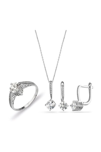 MySilvers 6mm Orjinal İmzalı  Taşlı Gümüş Set Kadın Rodyum