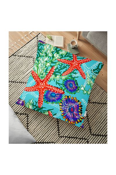Realhomes Pernă decorativă de podea imprimată digital cu fundal turcoaz și design cu stele de mare - 70 X 70 Cm